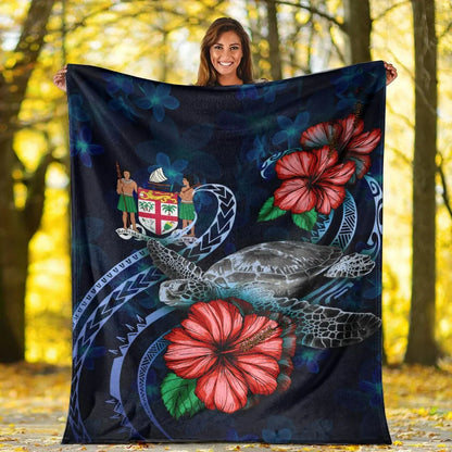Fiji Polynesian Premium Blanket - Blue Turtle Hibiscus