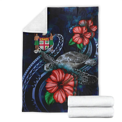 Fiji Polynesian Premium Blanket - Blue Turtle Hibiscus