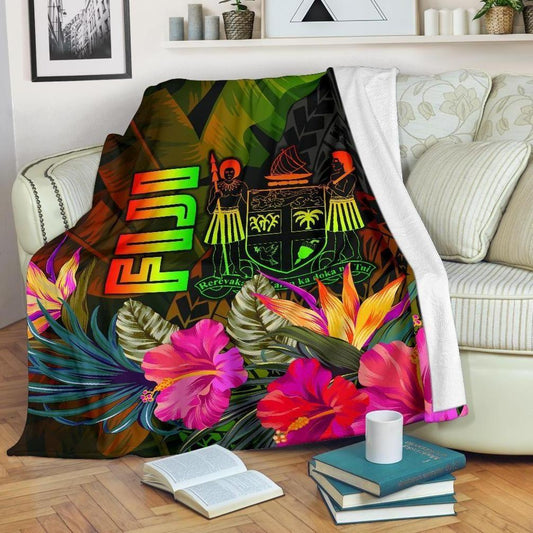 Fiji Polynesian Premium Blanket  -  Hibiscus and Banana Leaves