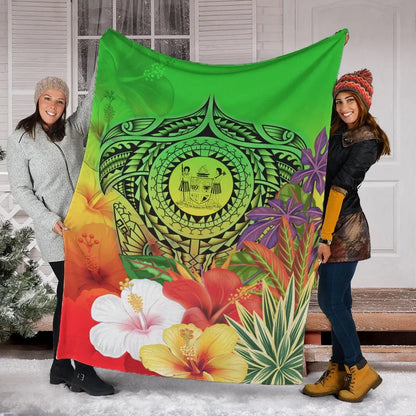 Fiji Polynesian Premium Blanket - Manta Ray Tropical Flowers (Green)