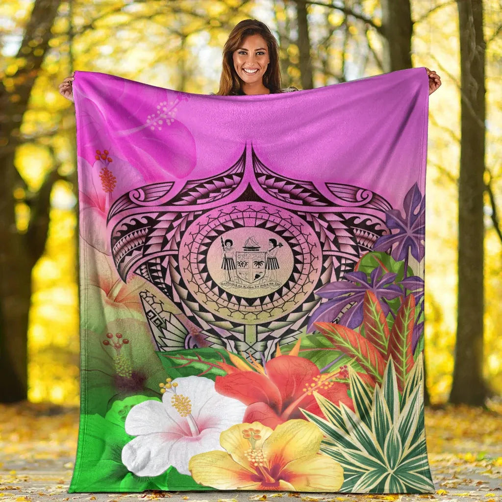 Fiji Polynesian Premium Blanket - Manta Ray Tropical Flowers
