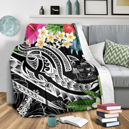 Fiji Polynesian Premium Blanket - Summer Plumeria (Black)