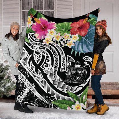 Fiji Polynesian Premium Blanket - Summer Plumeria (Black)