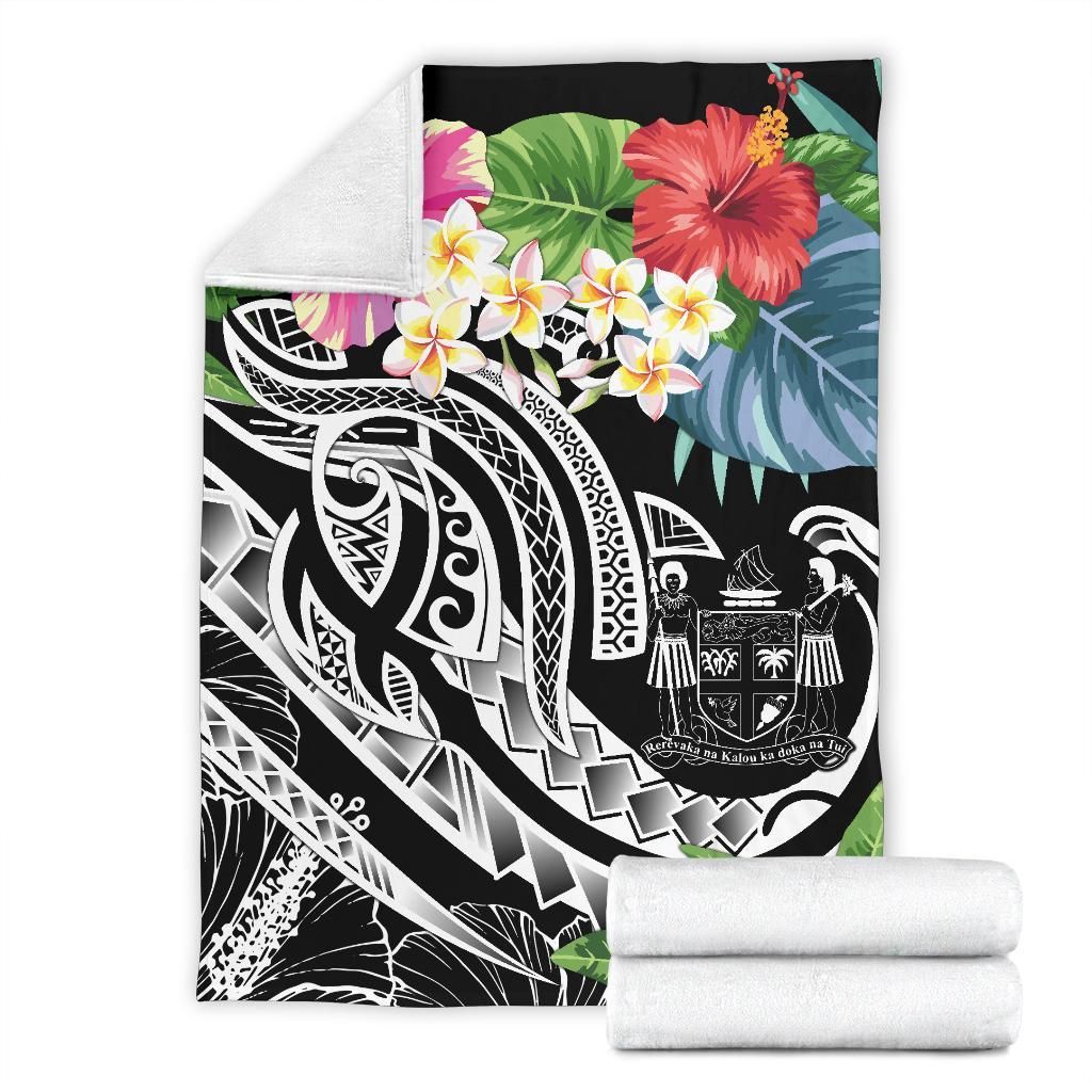 Fiji Polynesian Premium Blanket - Summer Plumeria (Black)