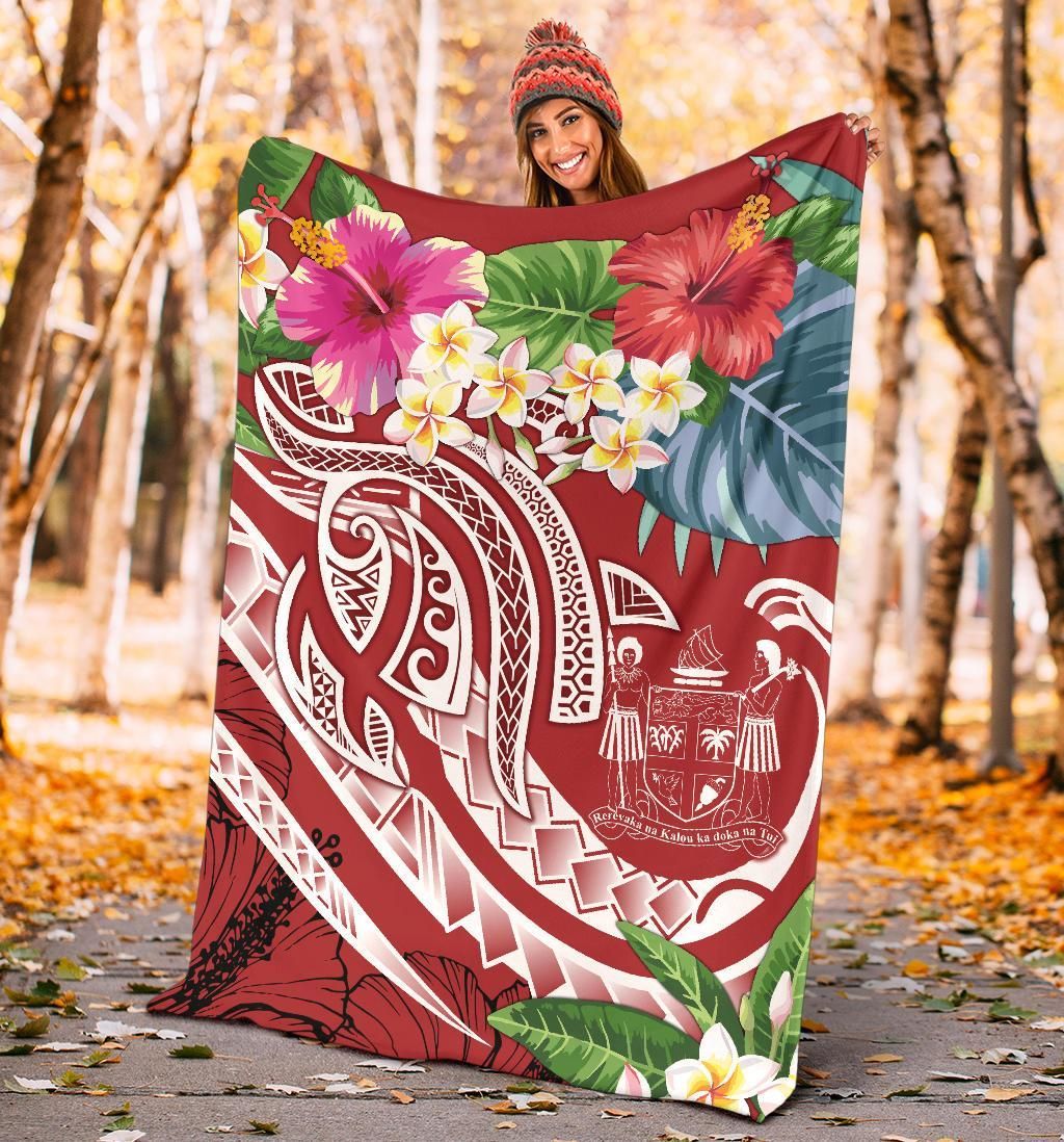 Fiji Polynesian Premium Blanket - Summer Plumeria (Red)
