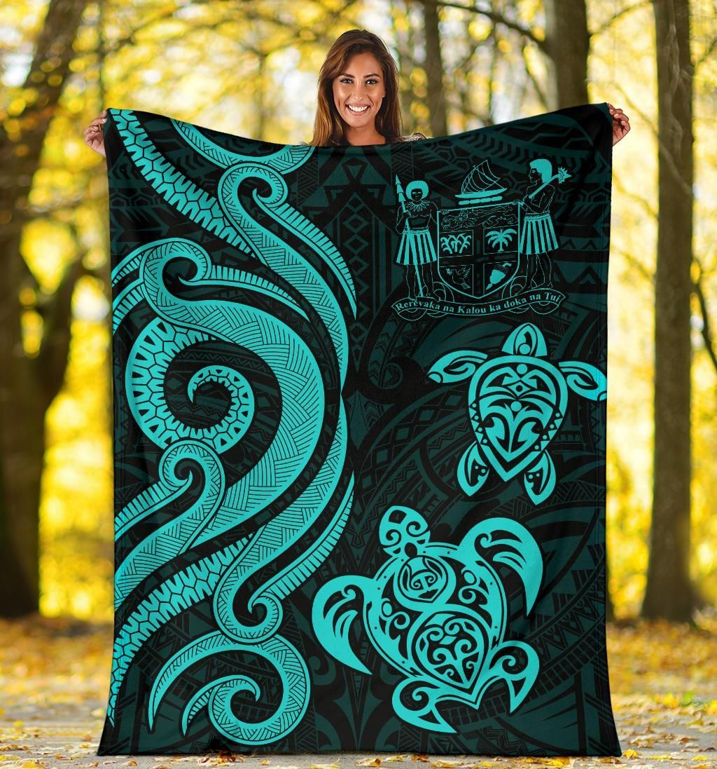 Fiji Polynesian Premium Blanket - Turquoise Tentacle Turtle Crest