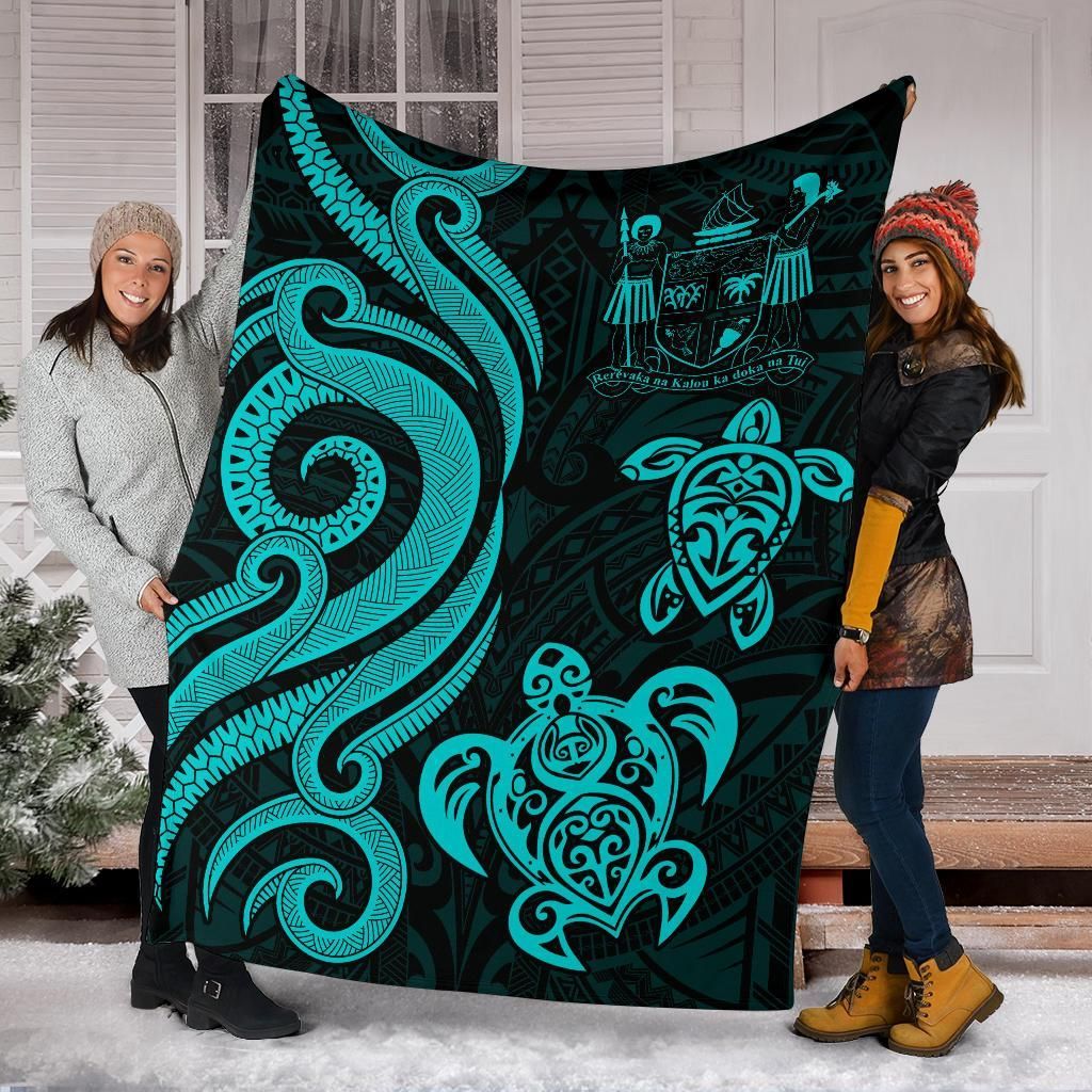 Fiji Polynesian Premium Blanket - Turquoise Tentacle Turtle Crest