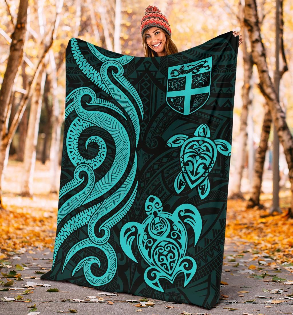 Fiji Polynesian Premium Blanket - Turquoise Tentacle Turtle