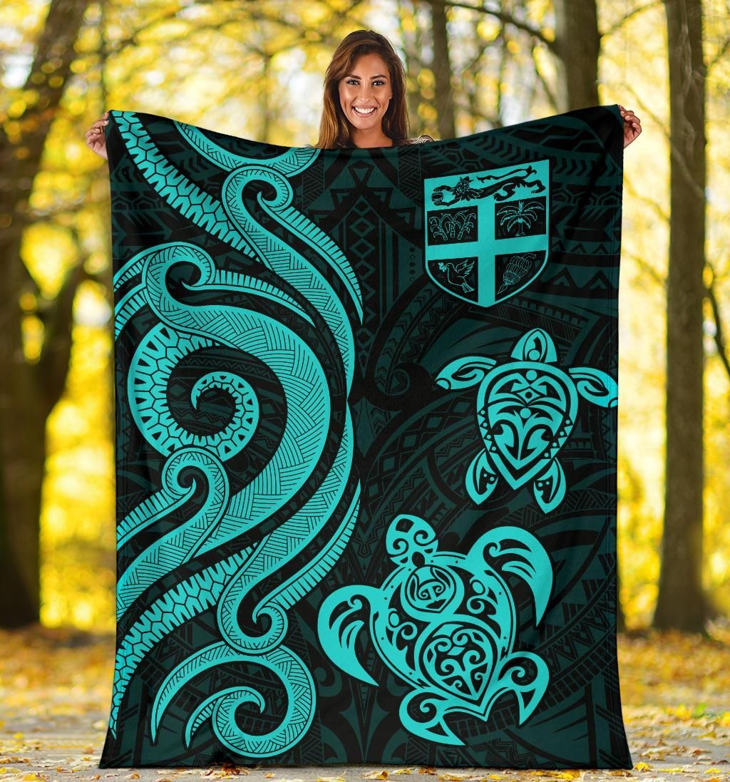 Fiji Polynesian Premium Blanket - Turquoise Tentacle Turtle