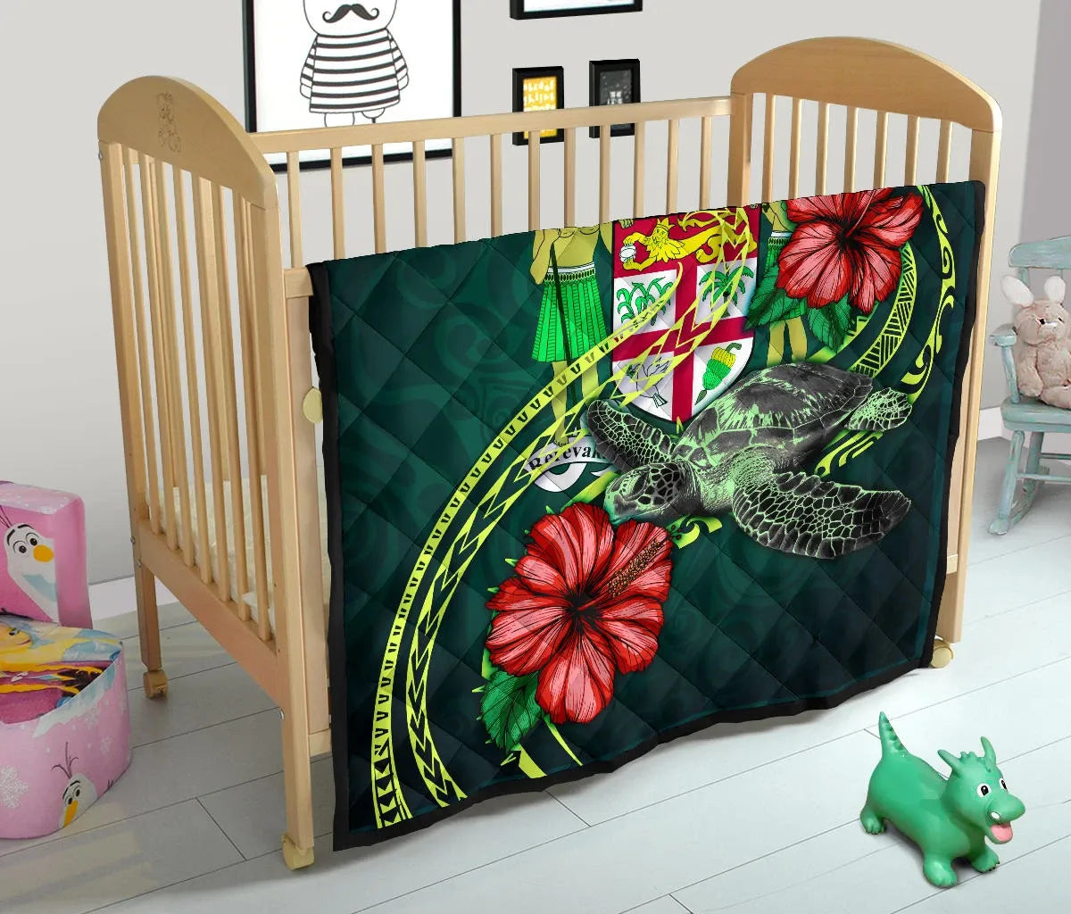 Fiji Polynesian Premium Quilt - Green Turtle Hibiscus
