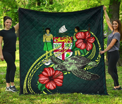 Fiji Polynesian Premium Quilt - Green Turtle Hibiscus