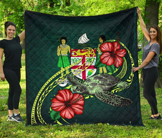 Fiji Polynesian Premium Quilt - Green Turtle Hibiscus