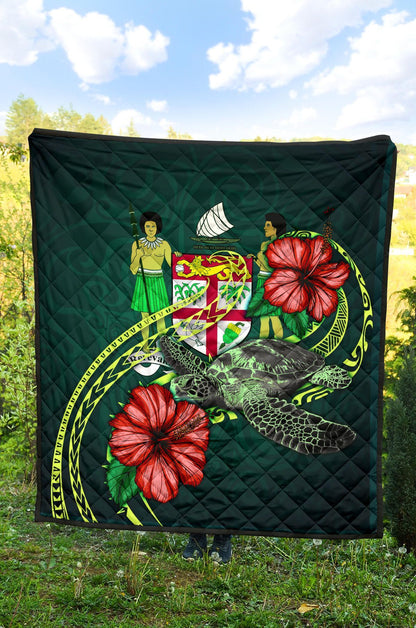 Fiji Polynesian Premium Quilt - Green Turtle Hibiscus