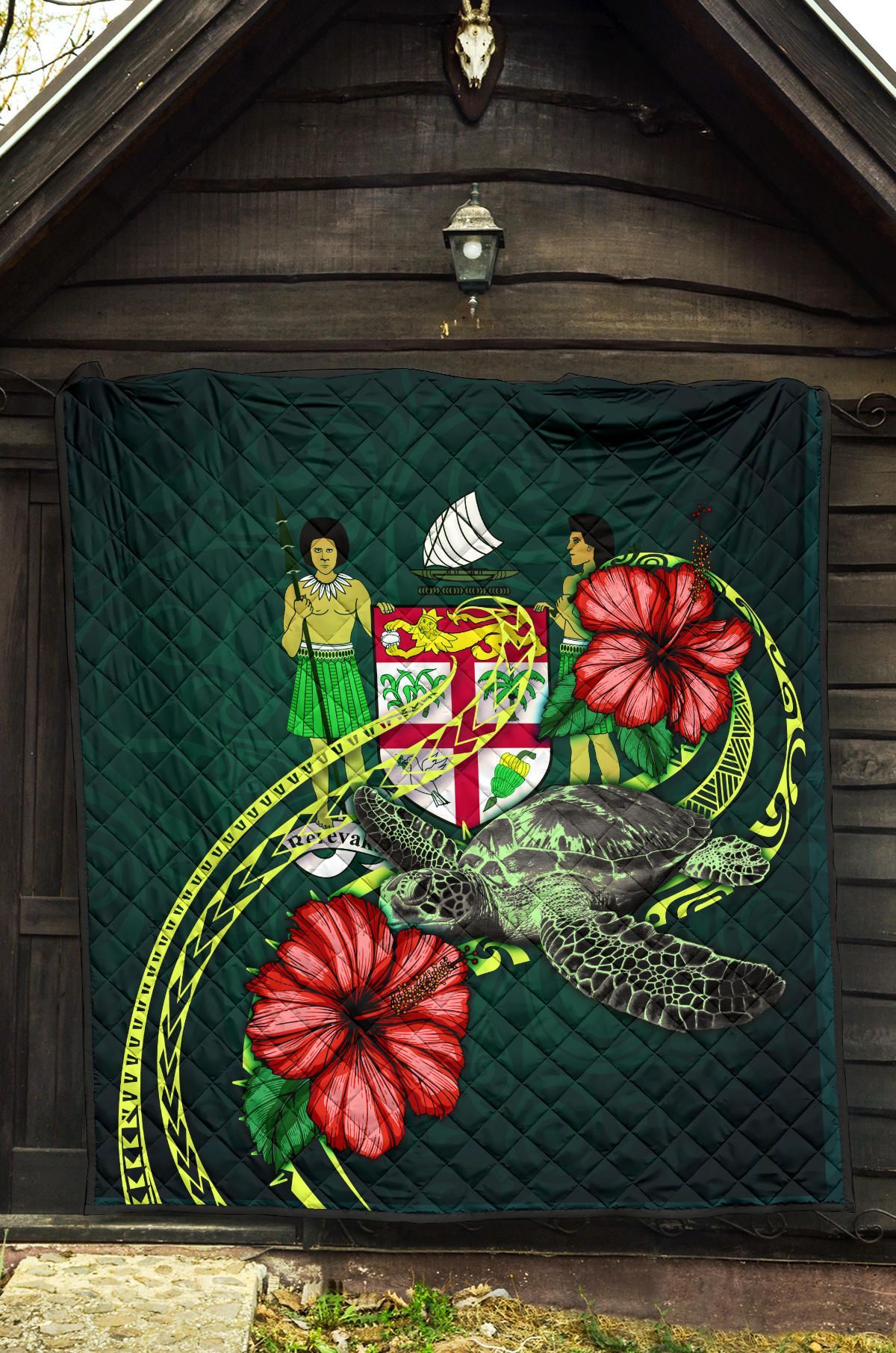 Fiji Polynesian Premium Quilt - Green Turtle Hibiscus
