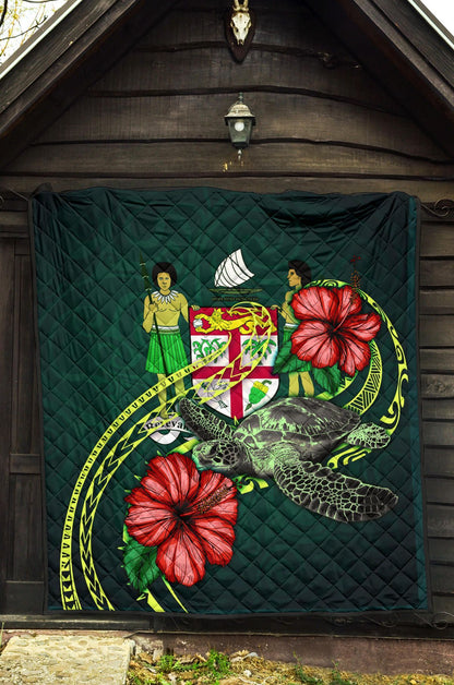 Fiji Polynesian Premium Quilt - Green Turtle Hibiscus