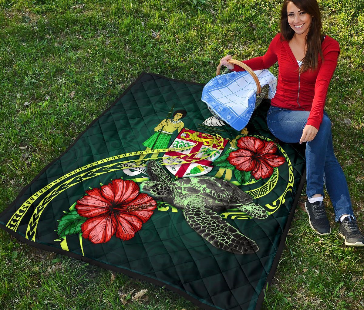 Fiji Polynesian Premium Quilt - Green Turtle Hibiscus