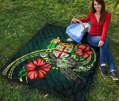 Fiji Polynesian Premium Quilt - Green Turtle Hibiscus