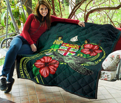 Fiji Polynesian Premium Quilt - Green Turtle Hibiscus