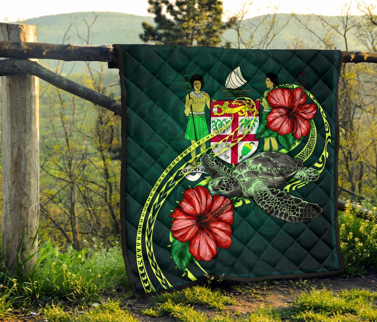 Fiji Polynesian Premium Quilt - Green Turtle Hibiscus