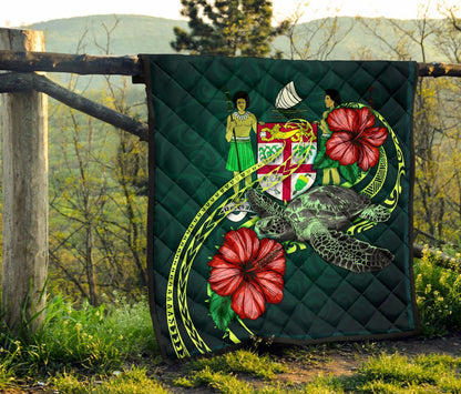Fiji Polynesian Premium Quilt - Green Turtle Hibiscus