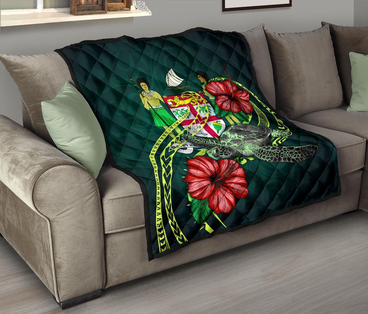 Fiji Polynesian Premium Quilt - Green Turtle Hibiscus
