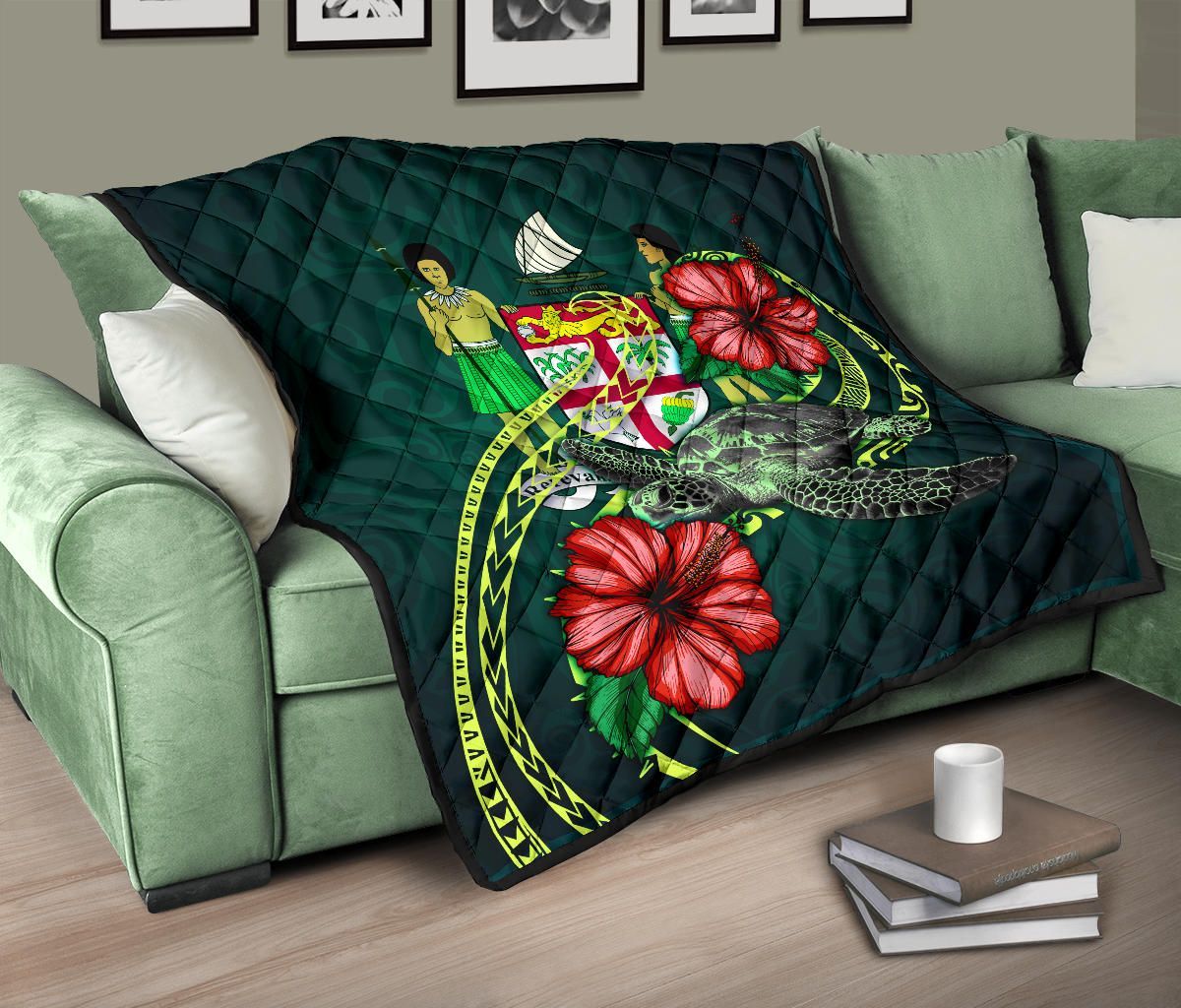 Fiji Polynesian Premium Quilt - Green Turtle Hibiscus