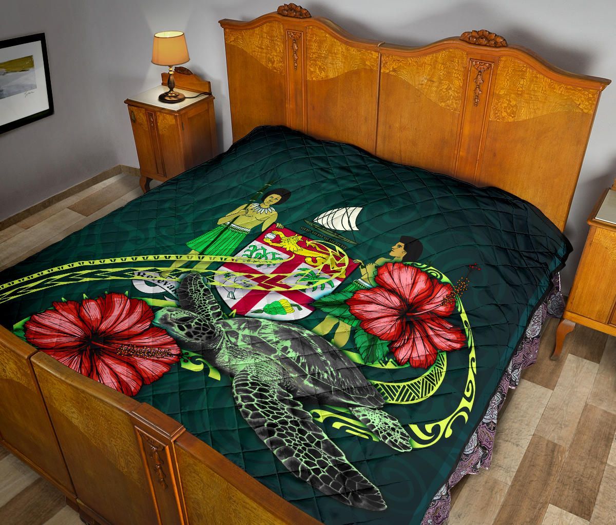 Fiji Polynesian Premium Quilt - Green Turtle Hibiscus