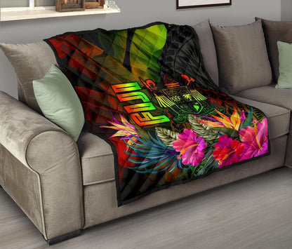 Fiji Polynesian Premium Quilt -  Hibiscus and Banana Leaves