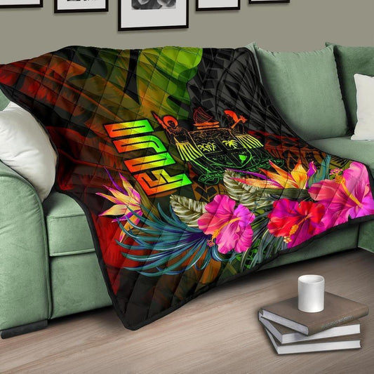 Fiji Polynesian Premium Quilt -  Hibiscus and Banana Leaves