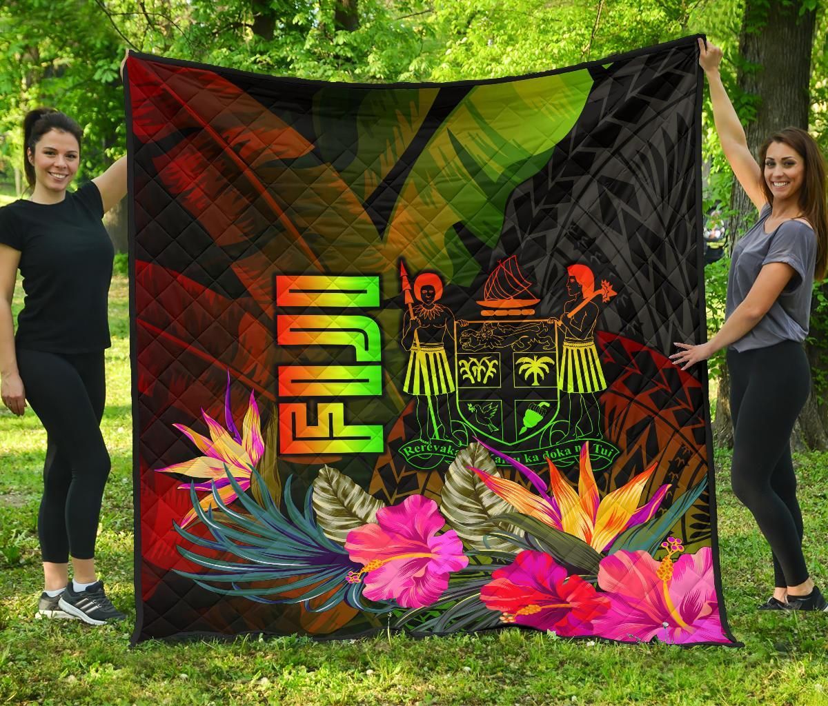 Fiji Polynesian Premium Quilt -  Hibiscus and Banana Leaves
