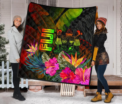 Fiji Polynesian Premium Quilt -  Hibiscus and Banana Leaves