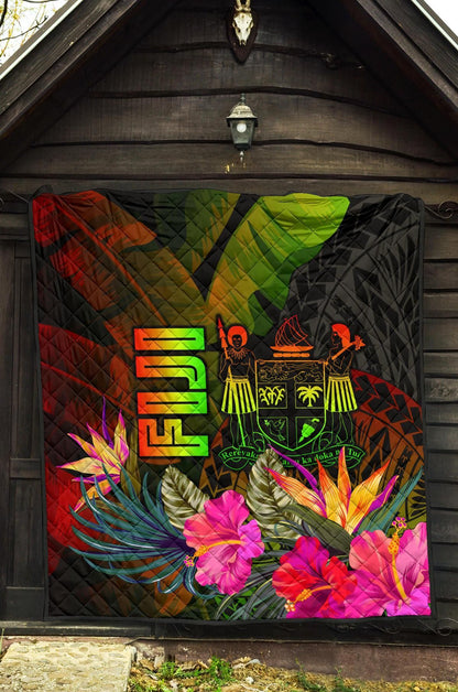 Fiji Polynesian Premium Quilt -  Hibiscus and Banana Leaves
