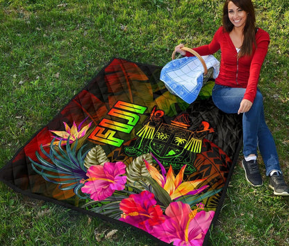 Fiji Polynesian Premium Quilt -  Hibiscus and Banana Leaves