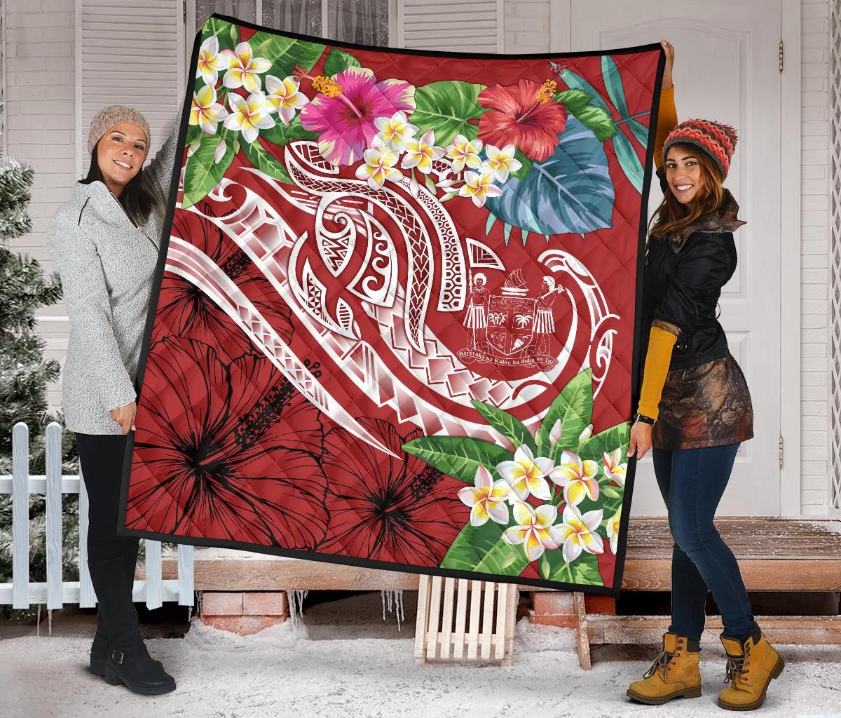 Fiji Polynesian Premium Quilt - Summer Plumeria (Red)