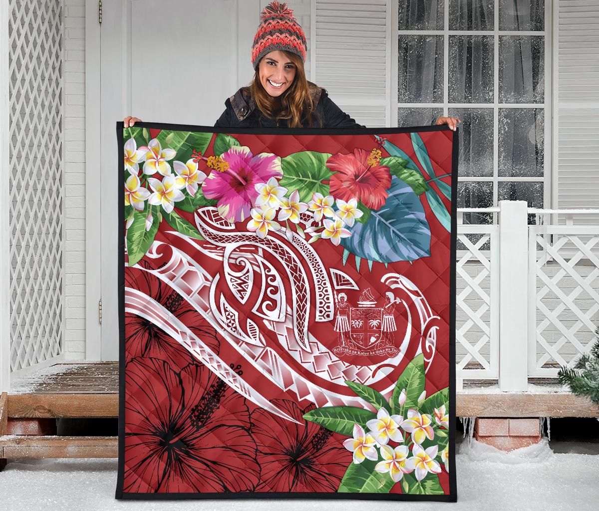 Fiji Polynesian Premium Quilt - Summer Plumeria (Red)