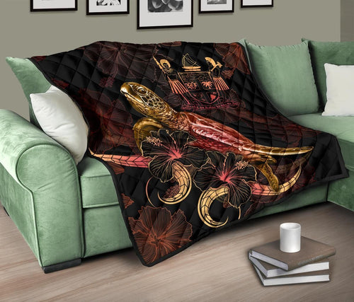 Fiji Polynesian Premium Quilt - Turtle With Blooming Hibiscus Gold