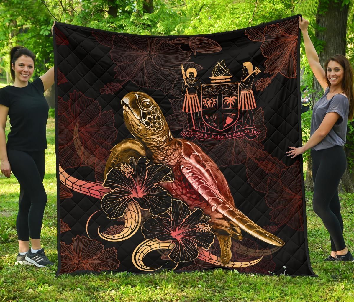 Fiji Polynesian Premium Quilt - Turtle With Blooming Hibiscus Gold