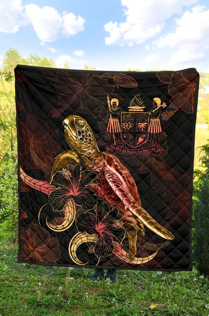 Fiji Polynesian Premium Quilt - Turtle With Blooming Hibiscus Gold