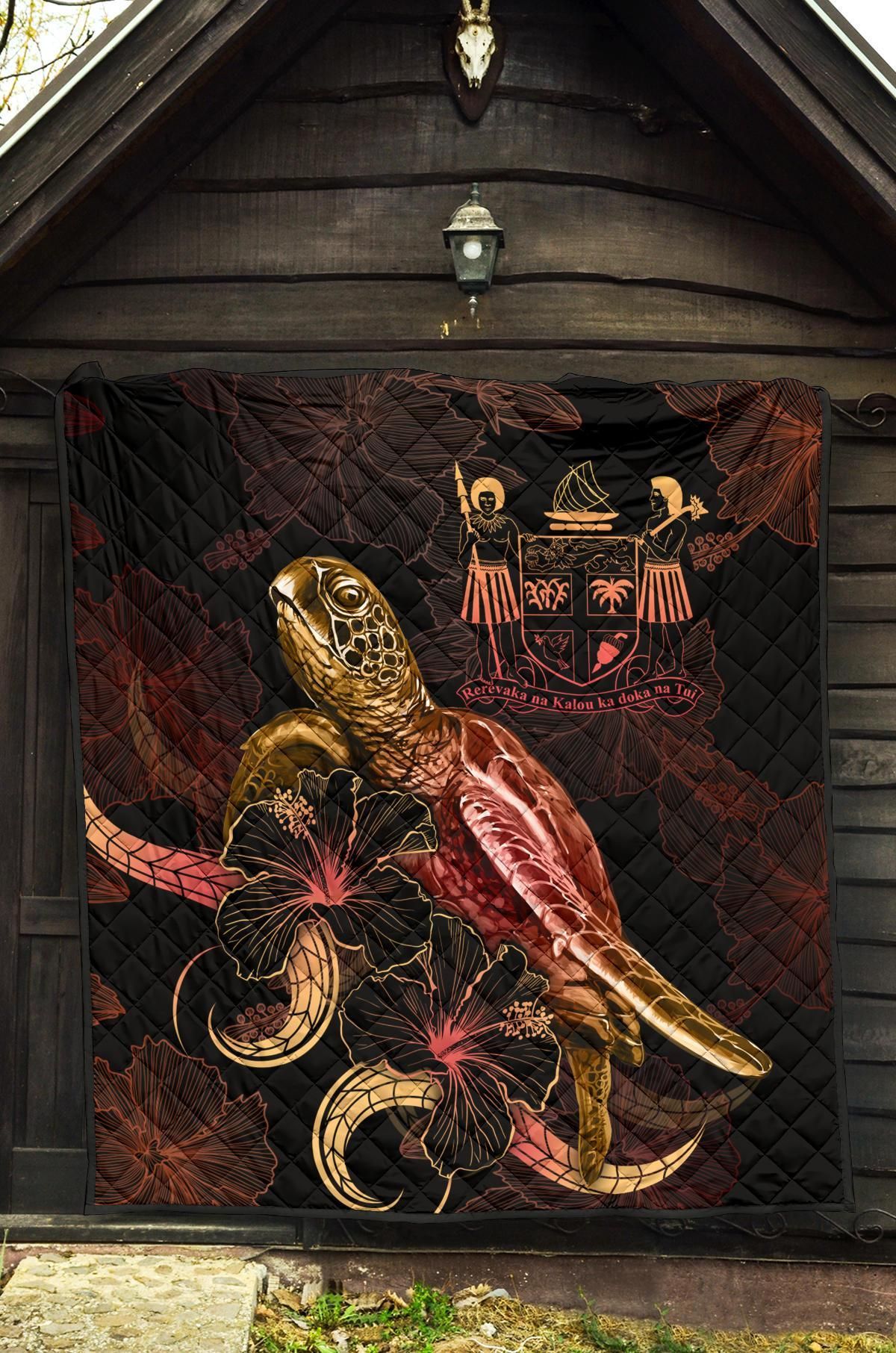 Fiji Polynesian Premium Quilt - Turtle With Blooming Hibiscus Gold