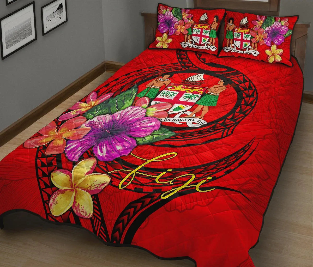 Fiji Polynesian Quilt Bed Set - Floral With Seal Red