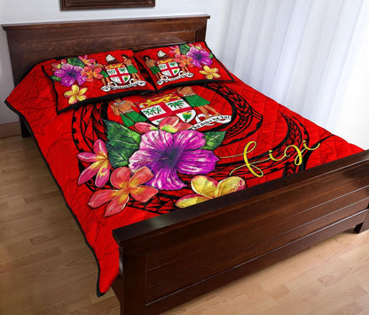 Fiji Polynesian Quilt Bed Set - Floral With Seal Red
