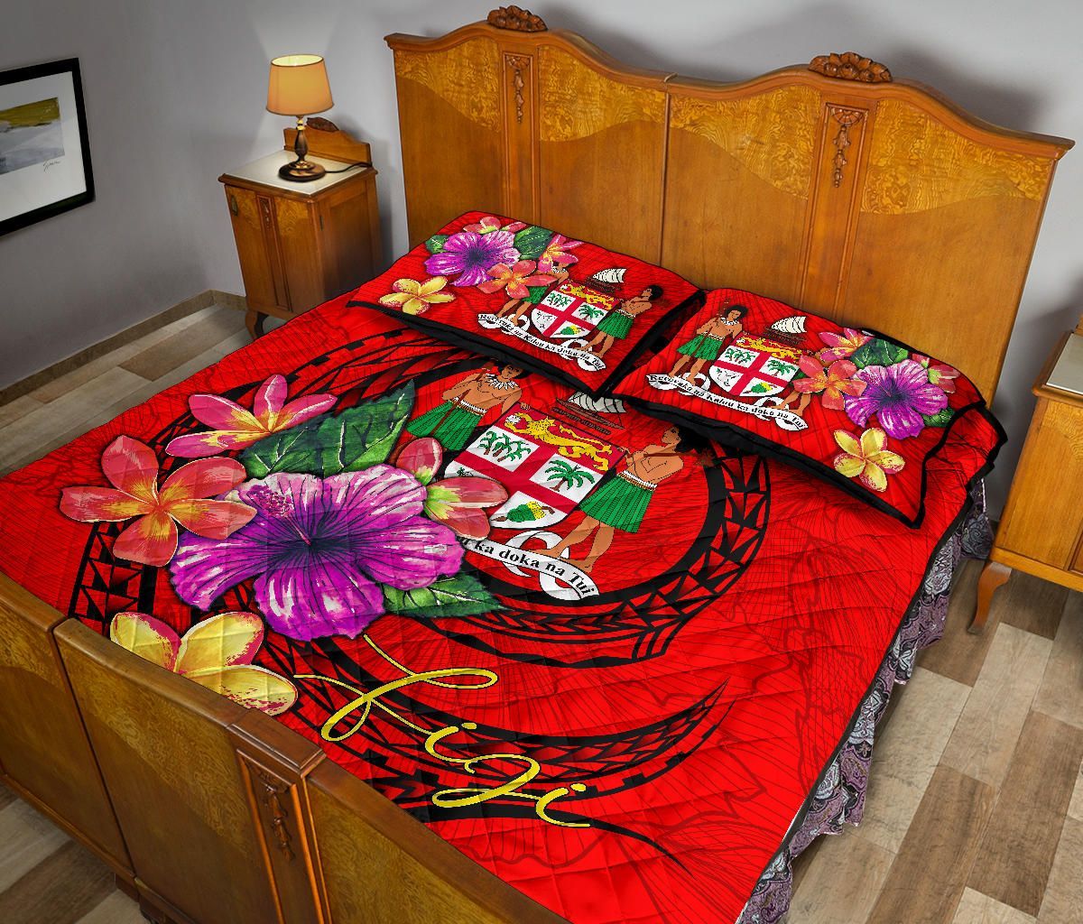 Fiji Polynesian Quilt Bed Set - Floral With Seal Red