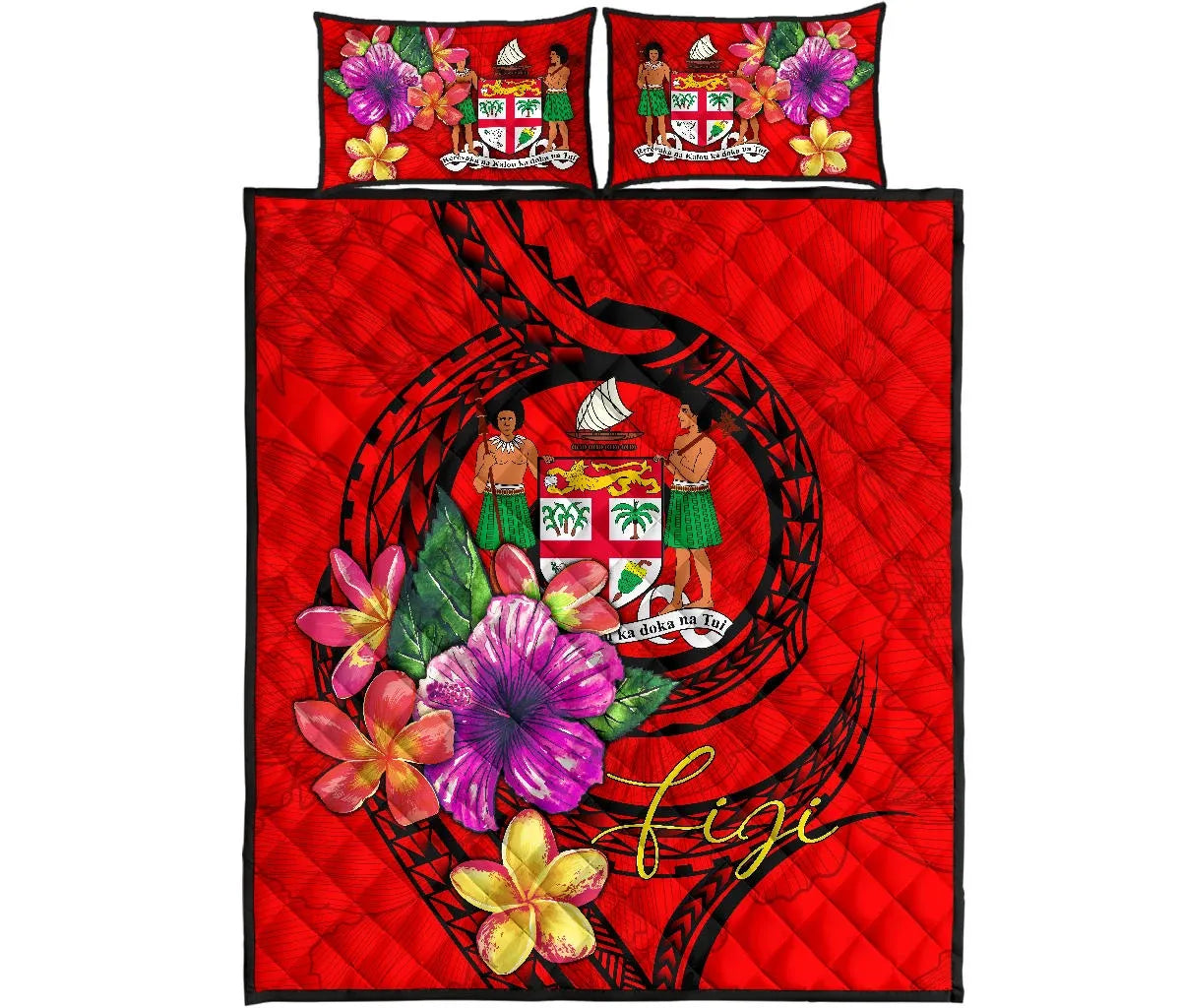 Fiji Polynesian Quilt Bed Set - Floral With Seal Red
