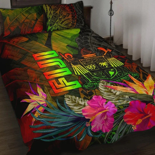 Fiji Polynesian Quilt Bed Set - Hibiscus and Banana Leaves