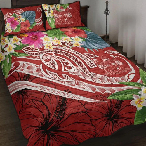 Fiji Polynesian Quilt Bed Set - Summer Plumeria (Red)