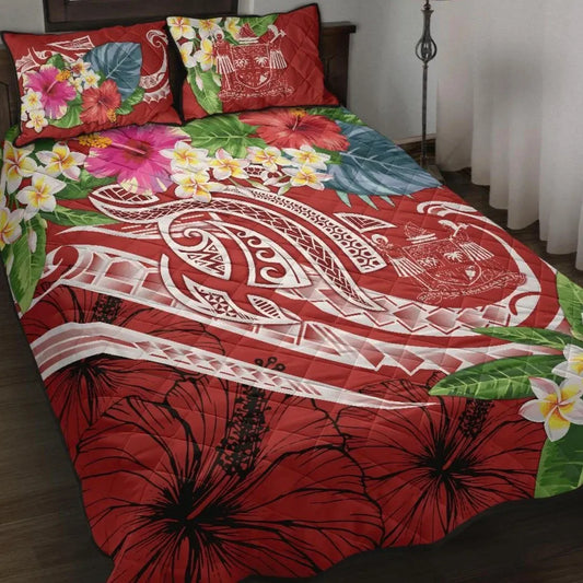 Fiji Polynesian Quilt Bed Set - Summer Plumeria (Red)