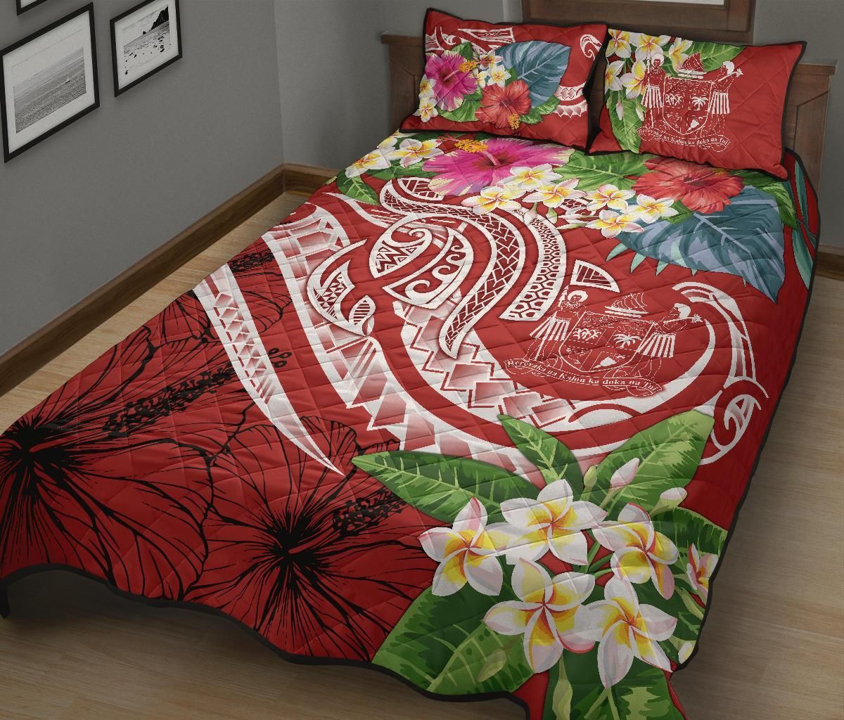 Fiji Polynesian Quilt Bed Set - Summer Plumeria (Red)