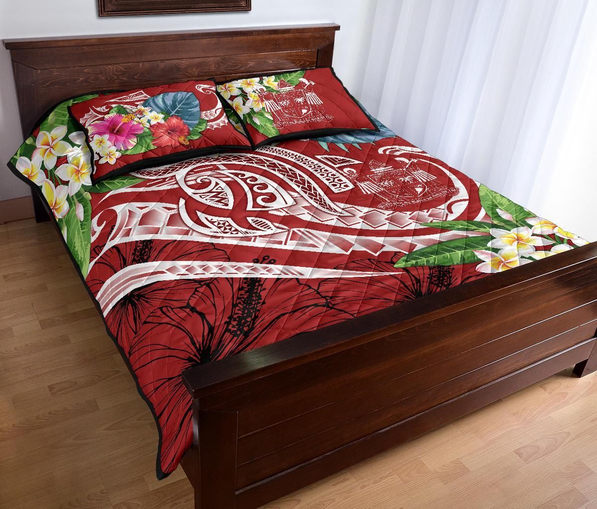 Fiji Polynesian Quilt Bed Set - Summer Plumeria (Red)