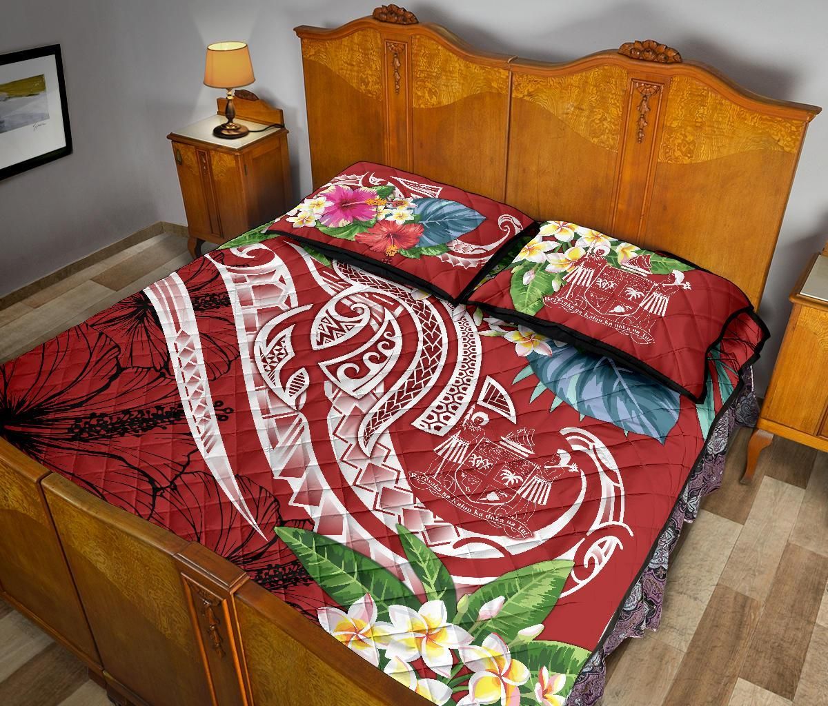 Fiji Polynesian Quilt Bed Set - Summer Plumeria (Red)