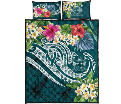 Fiji Polynesian Quilt Bed Set - Summer Plumeria (Turquoise)